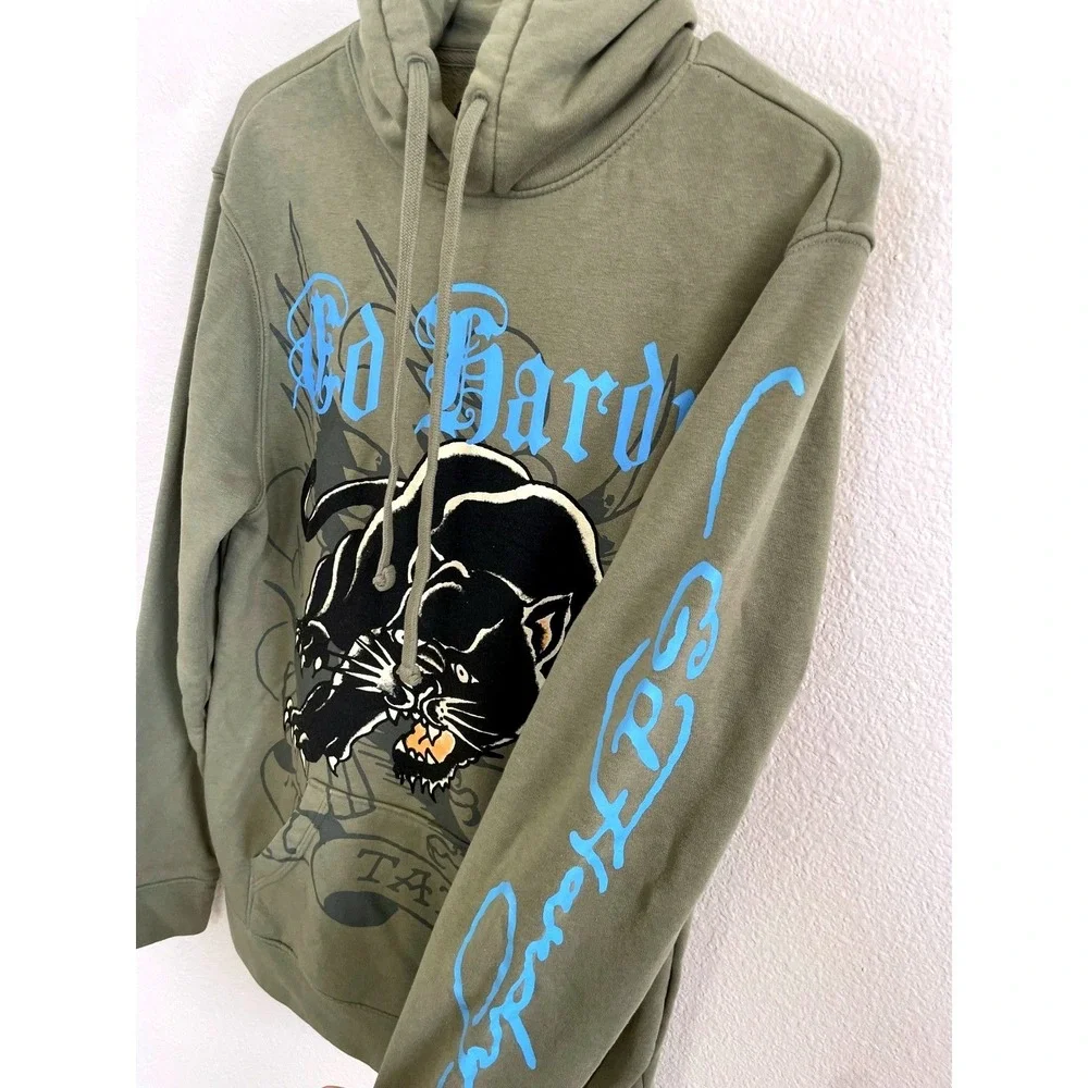 Y2K Ed Hardy Mens Small Green Panther Tattoo Graphic Hoodie‎ Sweatshirt